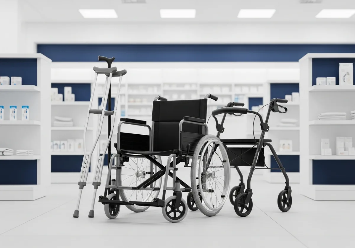 Durable medical equipment including a wheelchair, crutches, and rollator walker at Benjamin's Pharmacy