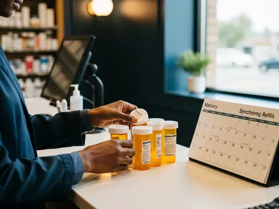 Synchronized prescription bottles aligned with a monthly calendar