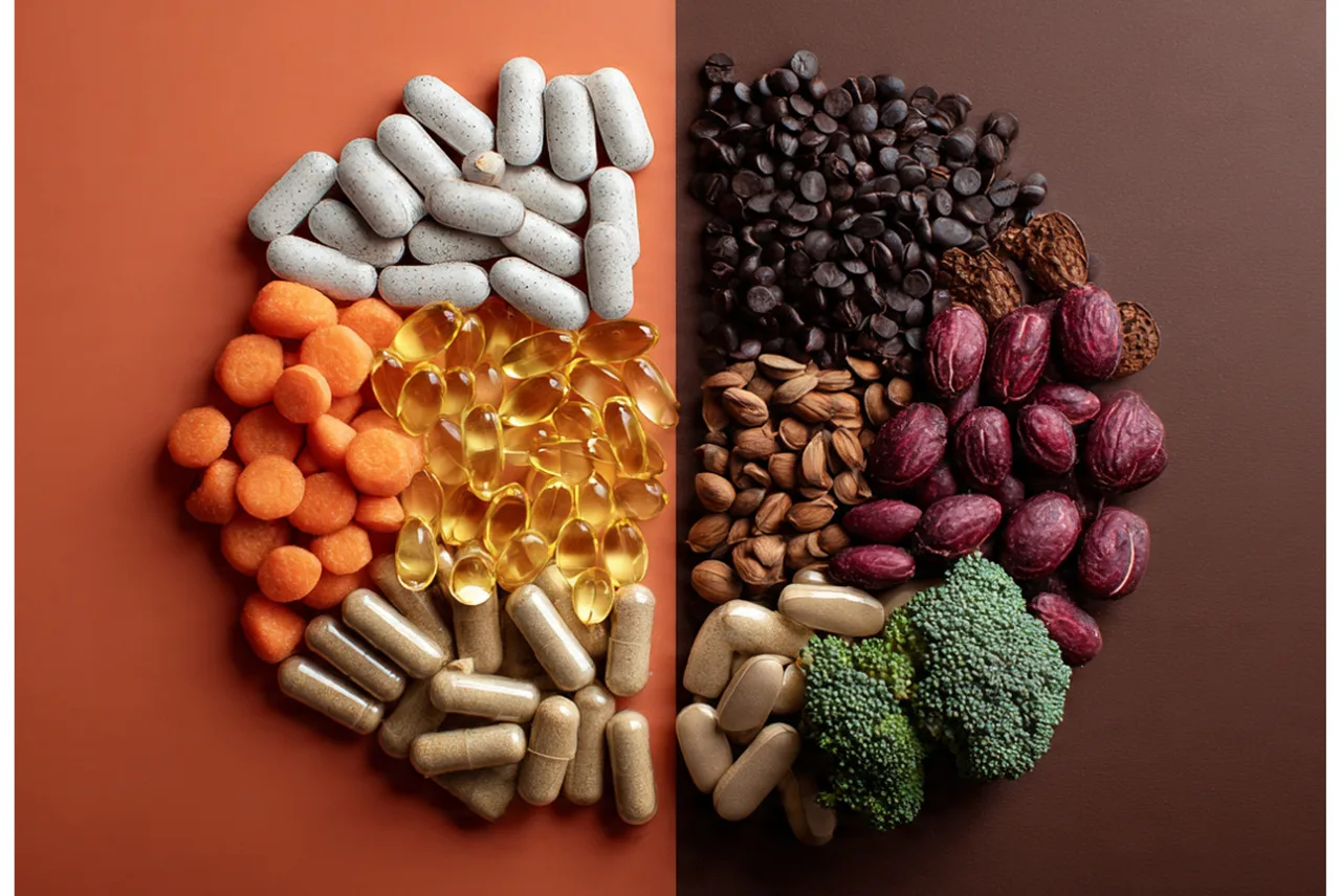 A brain shape made of vitamin capsules, supplements, nuts, and vegetables on a two-tone background